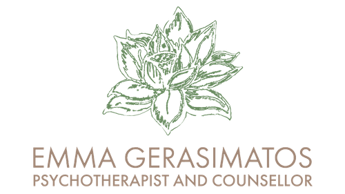 The Emma Gerasimatos logo. A green hand-drawn flower with the words "Emma Gerasimatos Psychotherapist and Counsellor" underneath in tan.